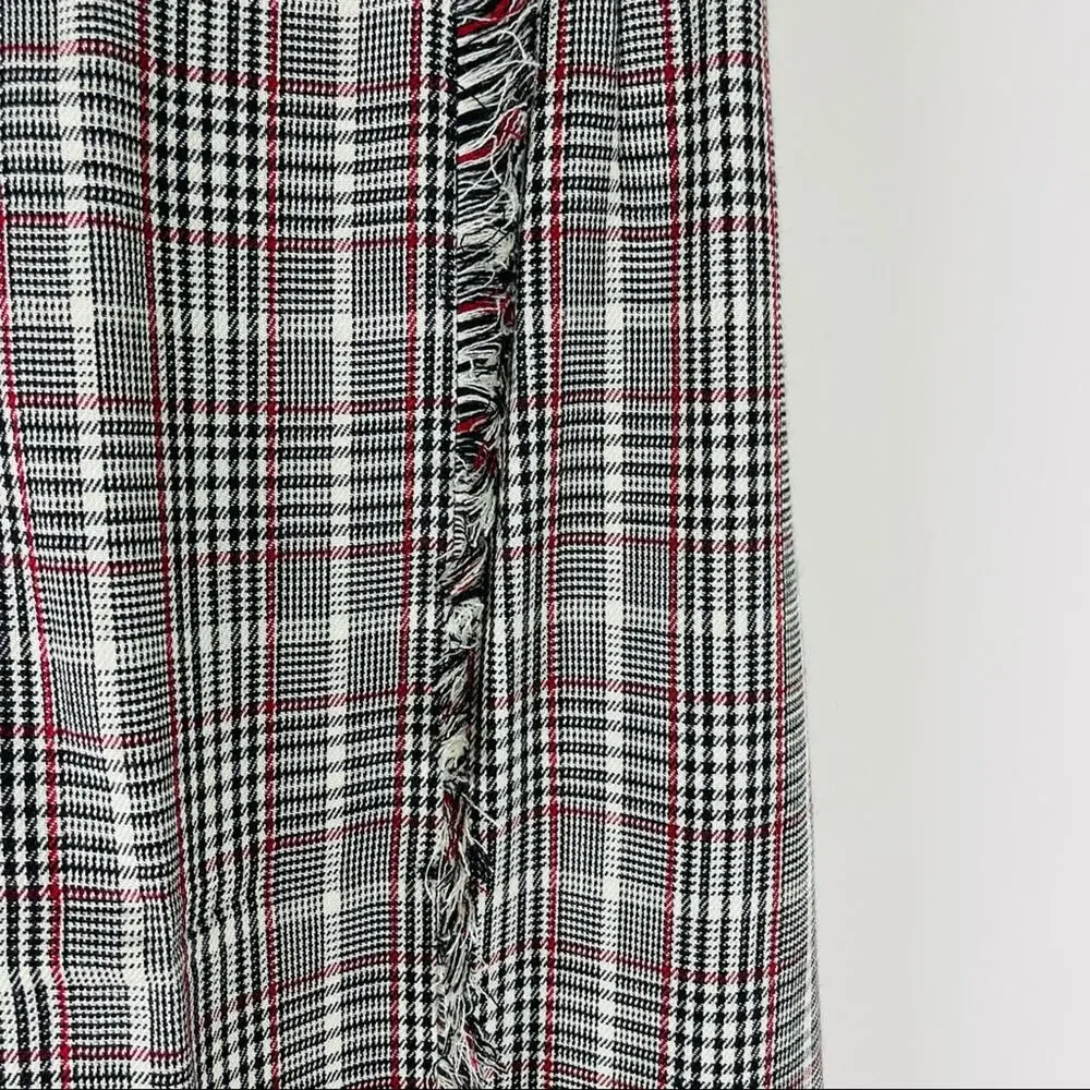 Vintage cream black plaid preppy fringe academia lightweight knit skirt 14